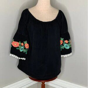 Umgee Black Floral Embroidered Tassel Bohemian Off Shoulder Bell Sleeve Size L